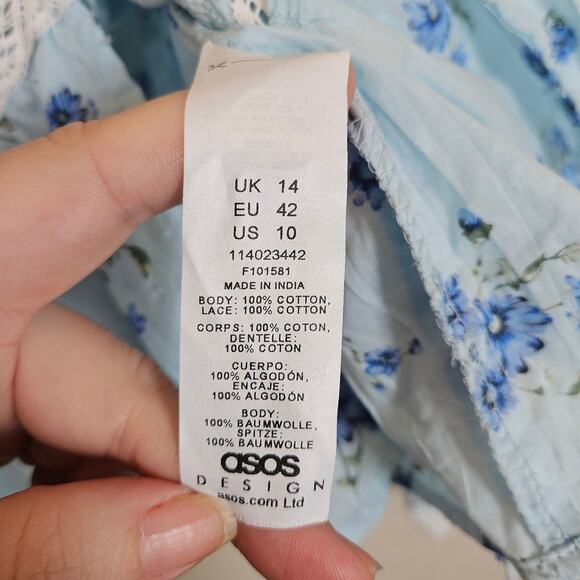 ASOS Bell Sleeve Lace Up Front Top Blue Floral Blouse Women's 10 Faerie Cottage - Picture 8 of 10